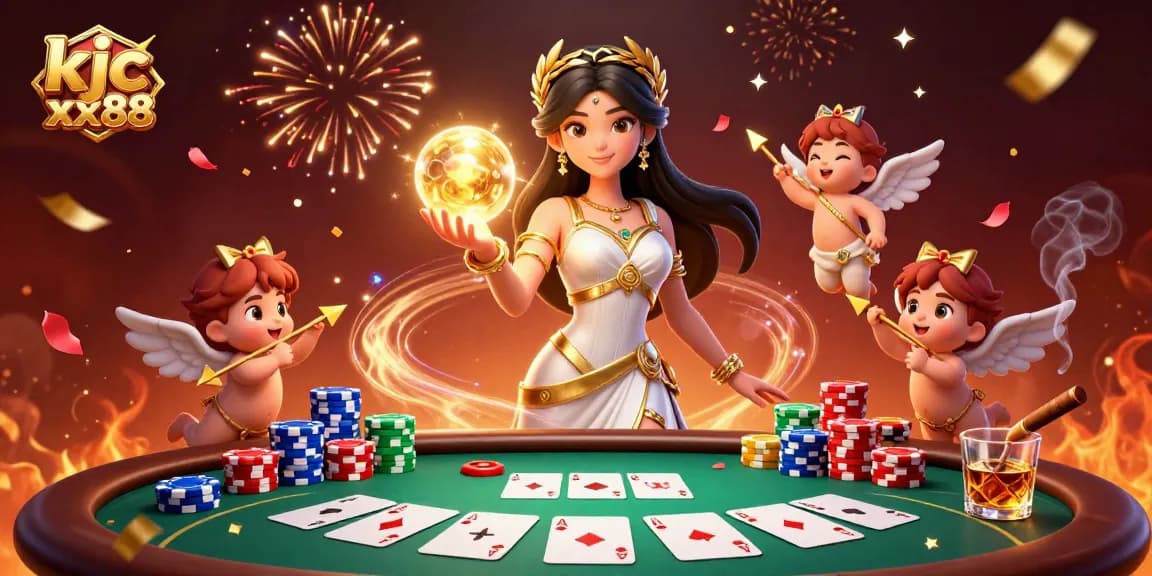 Engage with the vibrant world of kjc xx88, featuring a luxurious casino illustration with captivating characters and poker elements.