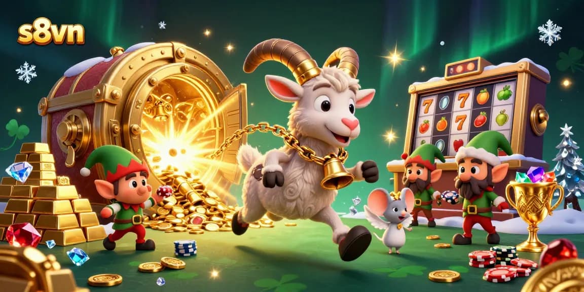 Engage in thrilling gameplay with s8vn's vibrant casino atmosphere featuring festive characters.
