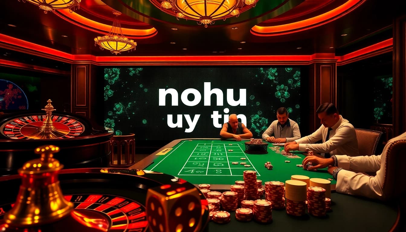 Nohu uy tín - Engaging casino scene with poker table, roulette wheel, and high-stakes atmosphere.