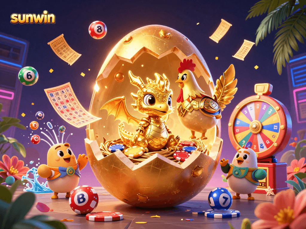 Sunwin's thrilling gaming scene showcases a golden dragon amidst colorful lottery balls and vibrant gambling elements.