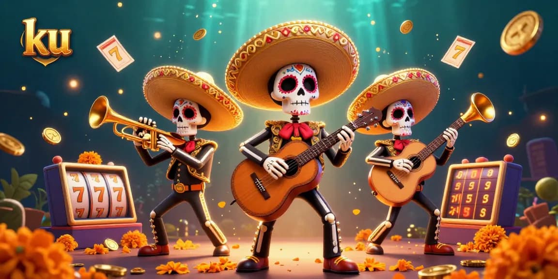 Experience thrilling slot gameplay at ku with vibrant 3D mariachi scene full of winning elements.