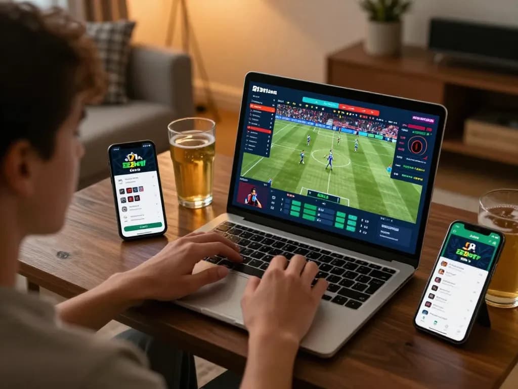 E2bet com user placing bets with strategies on laptop in a cozy sports-themed home.