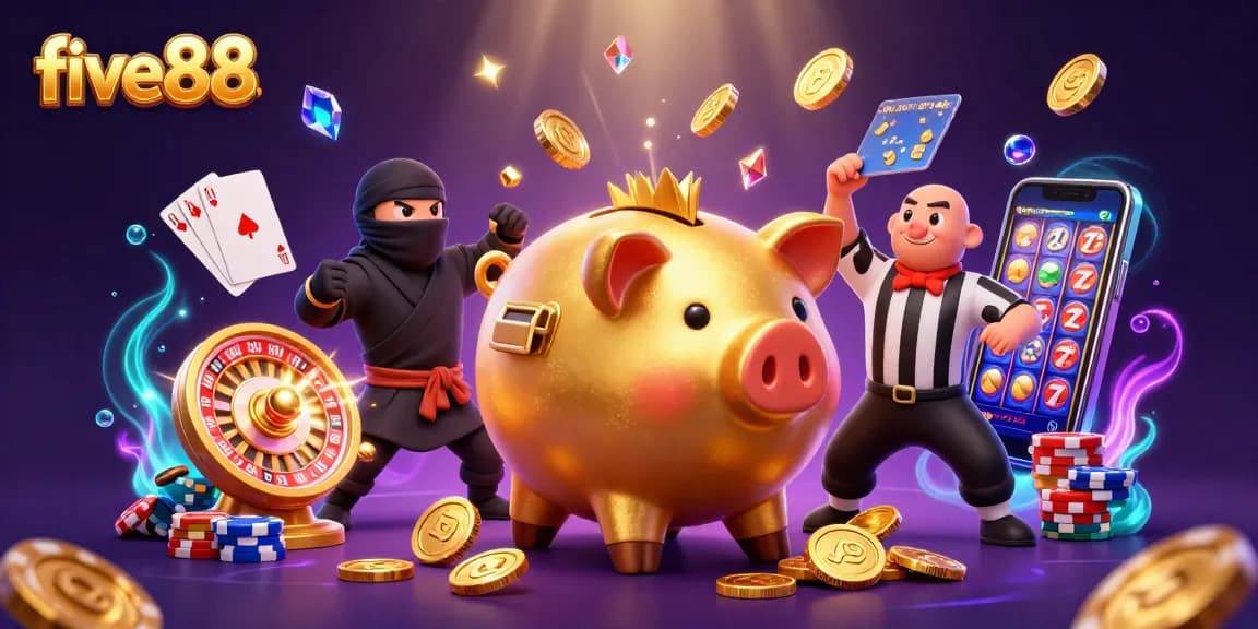 Experience thrilling gambling action with five88 as a golden piggy bank sumo wrestler battles, cascading coins and gems in vivid motion.