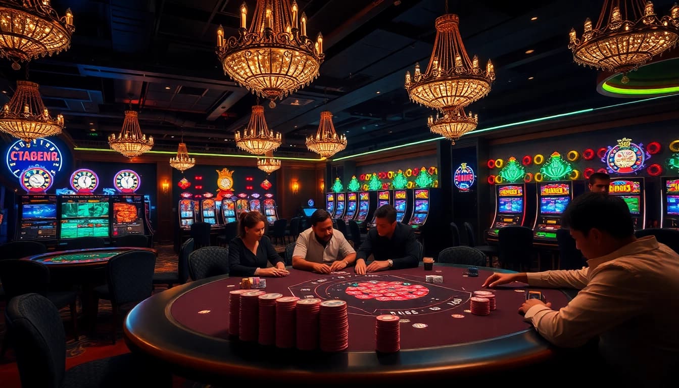 Exciting nn88 bet scene with lively poker table and vibrantslot machines, capturing high-stakes gaming atmosphere.