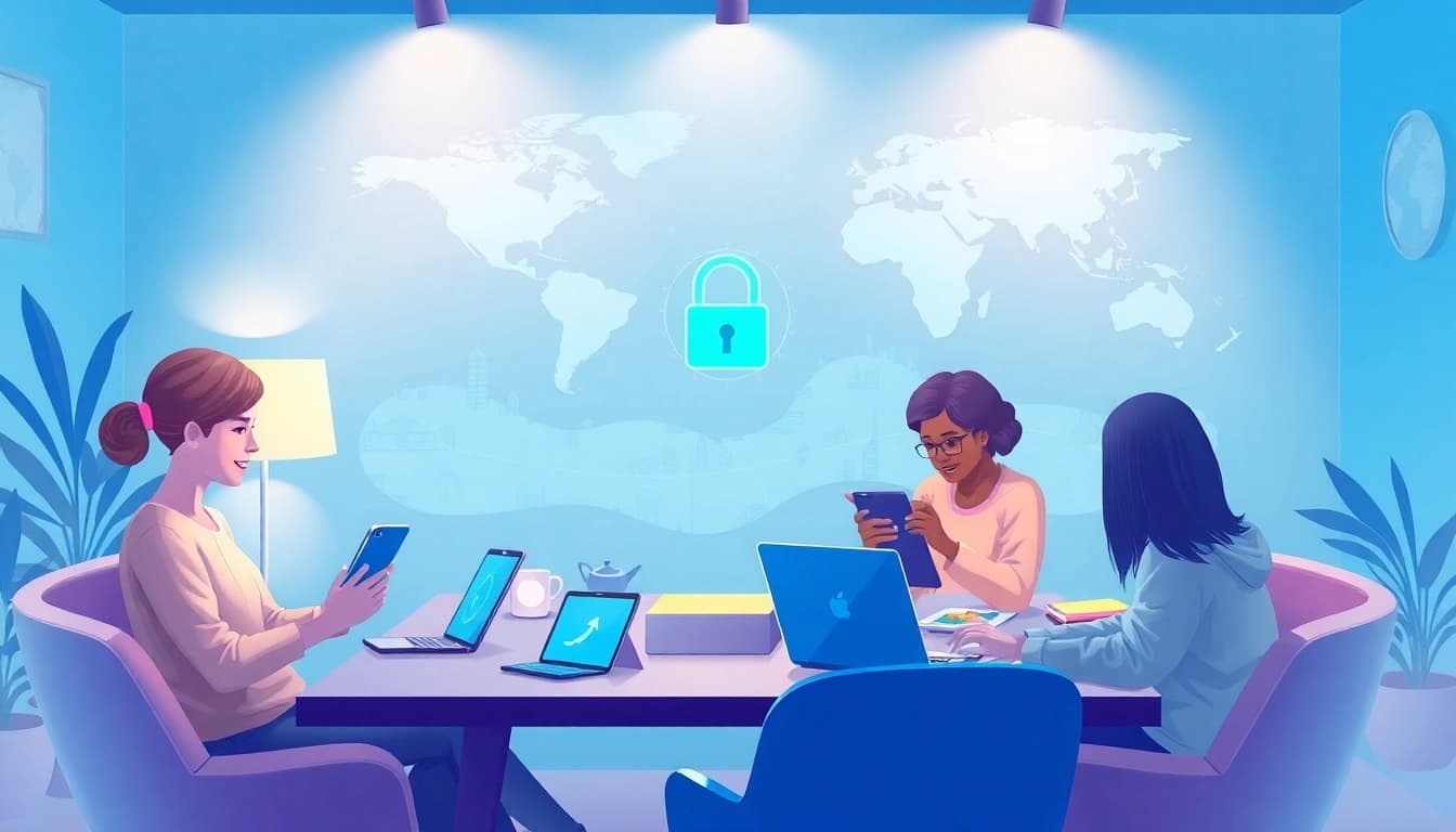快连官网 showcases users seamlessly connecting devices in a global network, emphasizing speed and security.