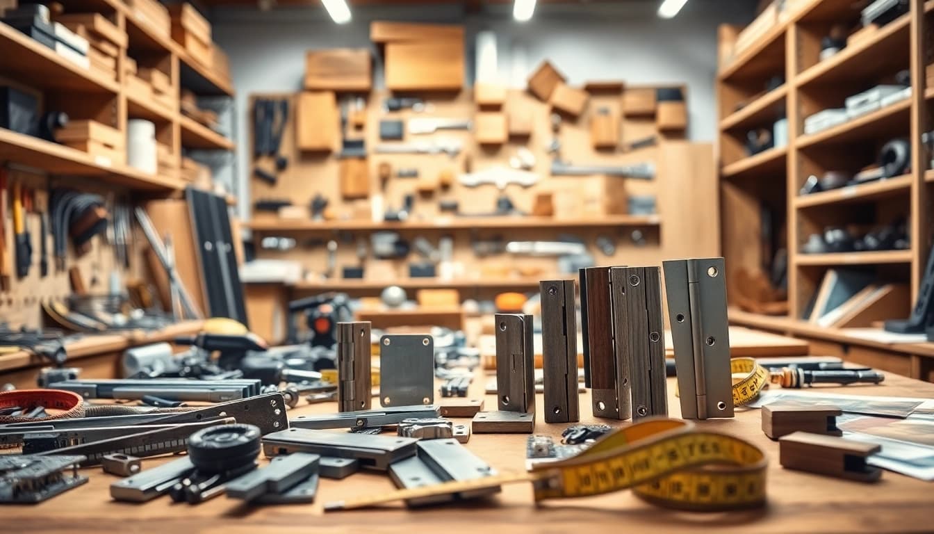 Möbelbeschläge Lieferant präsentiert hochwertige Scharniere und Schubladenschienen in einer Werkstatt.
