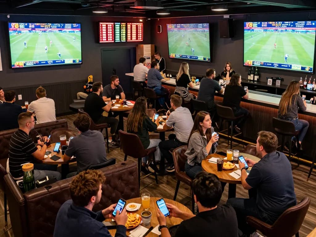 Fans engaging in live sports betting at https://ok365.br.com with smartphones and screens showing odds.