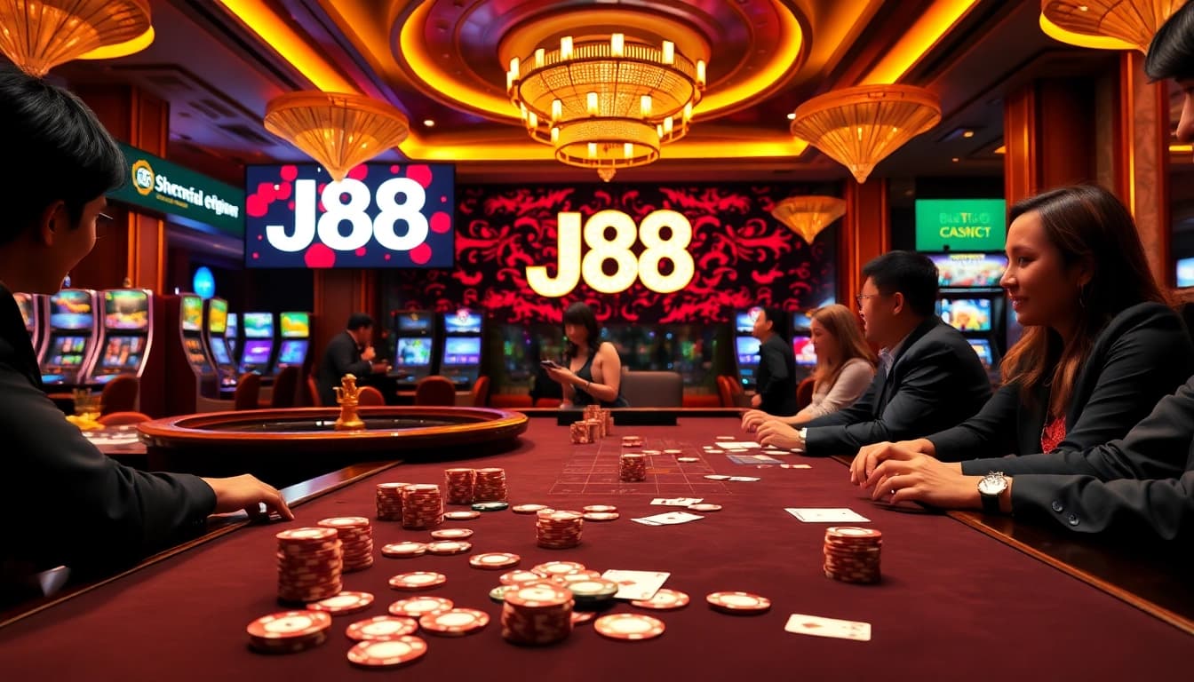 Exciting gambling scene at J88 casino featuring poker and roulette tables.