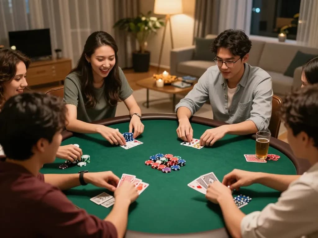 Friends enjoy a competitive poker night at home, showcasing sc88 gaming atmosphere.