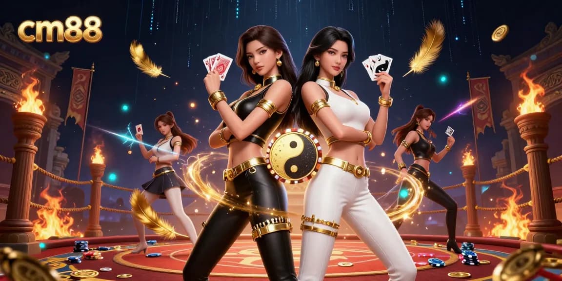 Experience thrilling gameplay at cm88 with stunning twin Asian women showcasing their cards in this vibrant casino illustration.