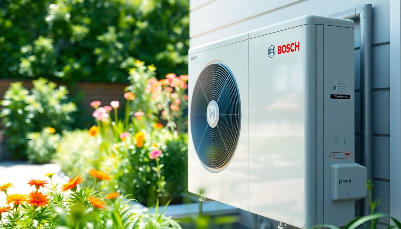 Efficient wärmepumpe bosch installation in a sunny garden setting, highlighting eco-friendly technology.