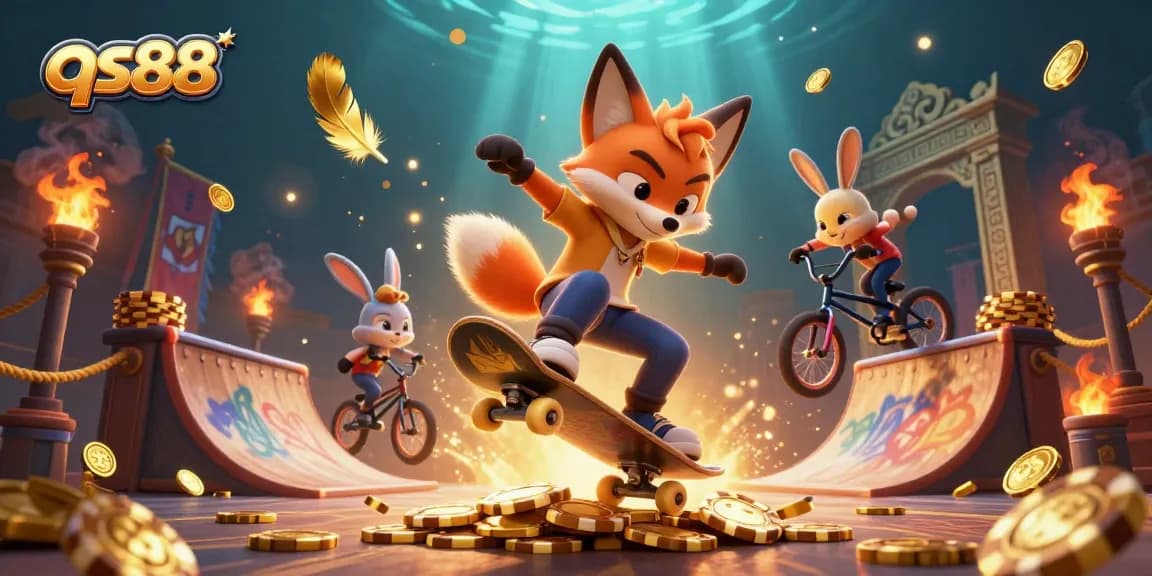 Experience the thrilling qs88 action as a fox performs tricks over golden poker chips in a vibrant casino scene.