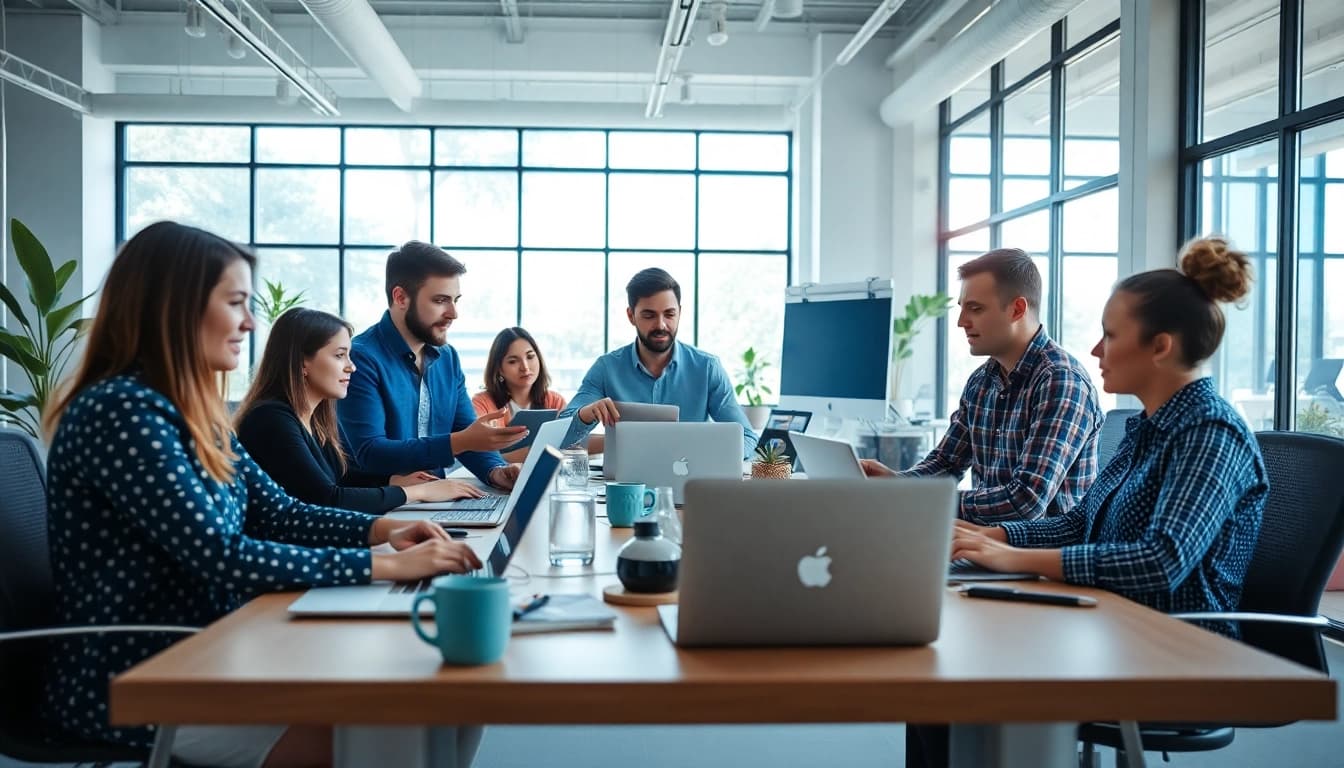 Webdesign Agentur bei kreativer Zusammenarbeit in modernem, hellem Büro.
