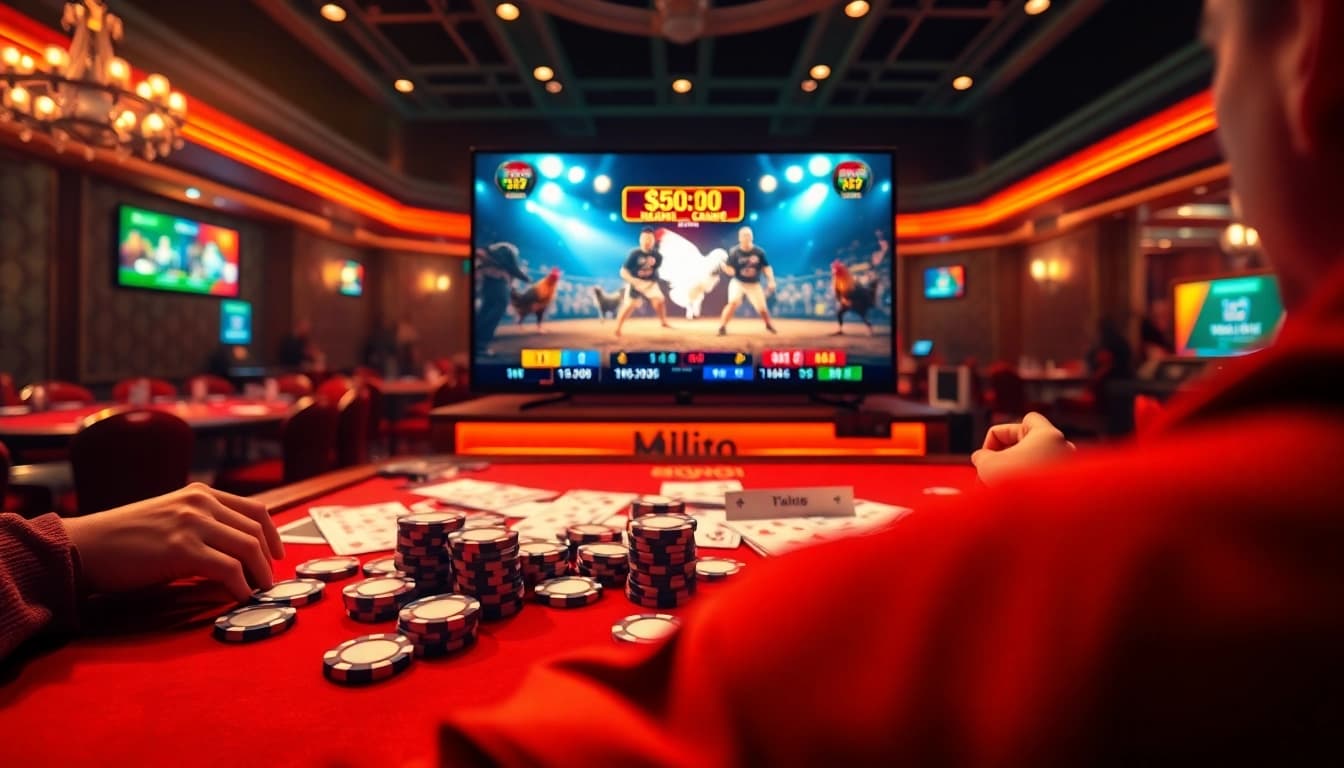 xem đá gà trực tiếp tại gavb79 - live chicken fighting betting scene with vibrant action and professional interface