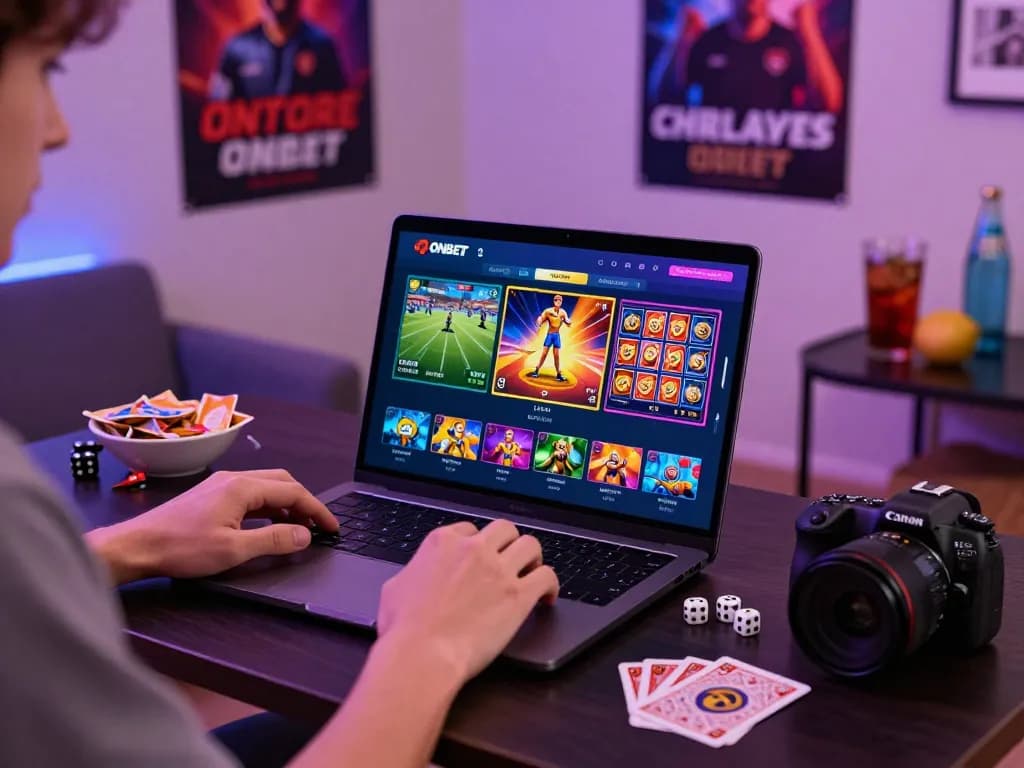 Engaging with trang chủ Onbet online gaming platform in a cozy home, vibrant atmosphere with gaming accessories.