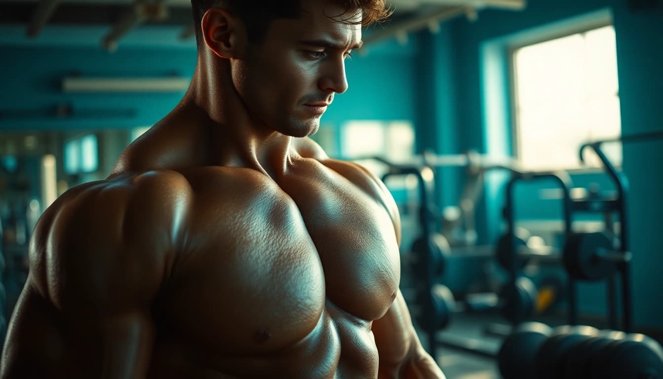 Trenbolon kaufen: Bodybuilder training in a gym, showcasing muscle definition and strength.