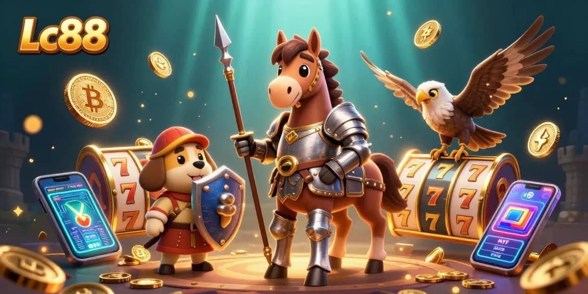Join the excitement at Lc88 with thrilling slot games and cryptocurrency elements in a vibrant 3D scene.