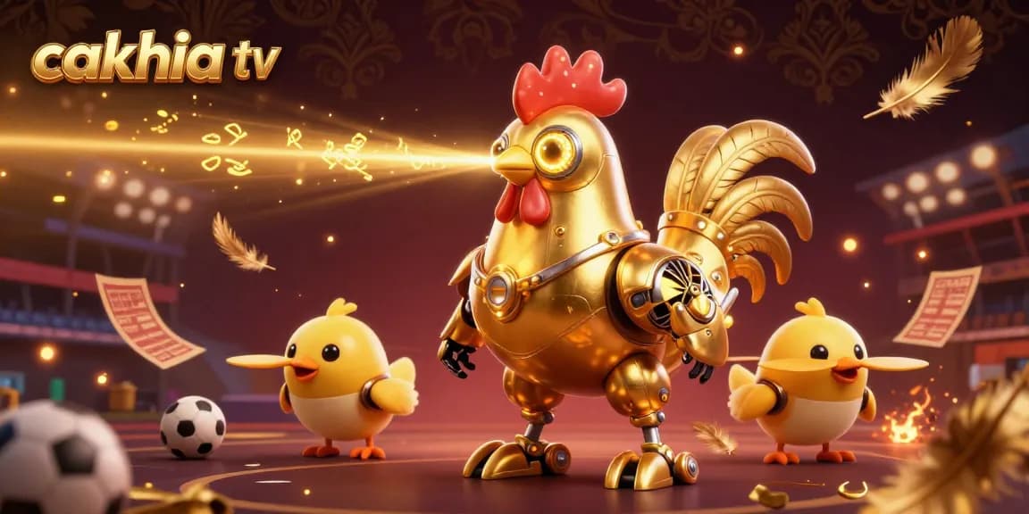 Cakhia TV showcases an electrifying 3D scene featuring a golden rooster robot and chick drones amidst a dynamic sports betting atmosphere.