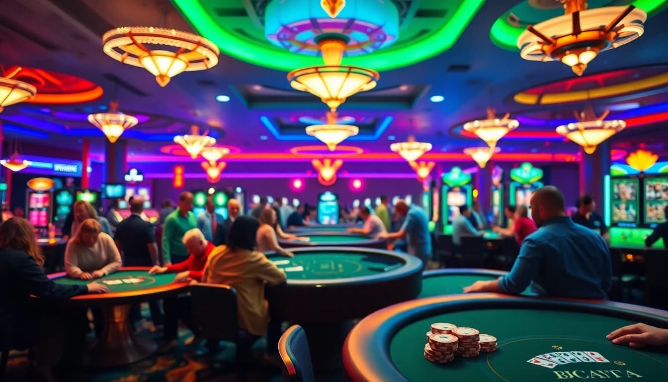Die LolaJack-Casino-Szene zeigt Spieler, die an Tischen Spaß haben.
