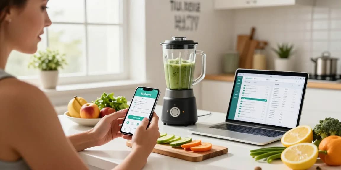 Fesselnde Interaktion mit der MyQuests-App für das Gesundheitsmanagement in einer hellen Küchenumgebung.
