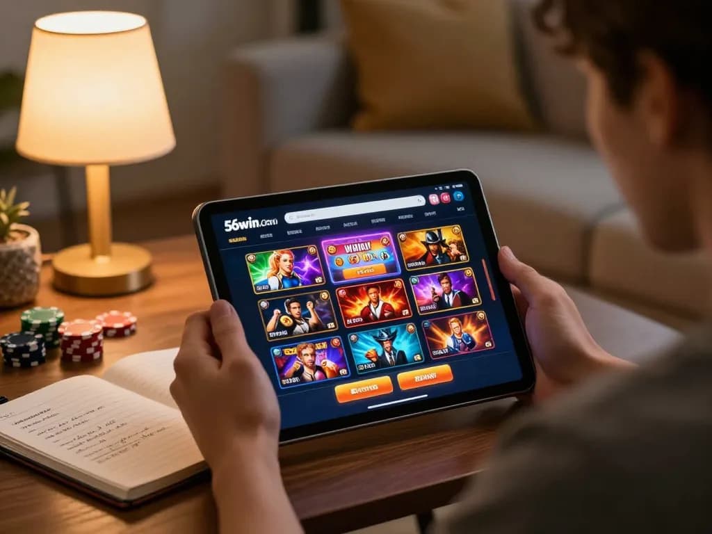Engaged player using 56win.com on a tablet in a warm living room, showcasing vibrant gaming interface.