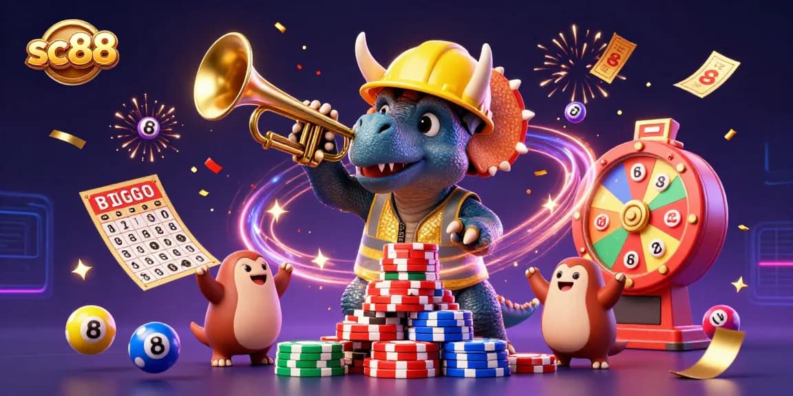 Exciting scene with sc88 characters celebrating while building poker chip pyramids and dynamic casino elements.