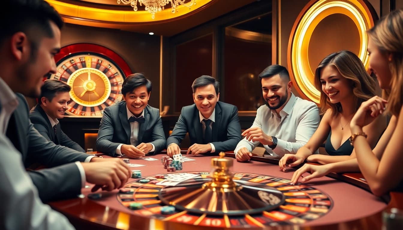 Experience the thrill of the game hitclub at a vibrant casino, featuring animated players and a spinning roulette wheel.