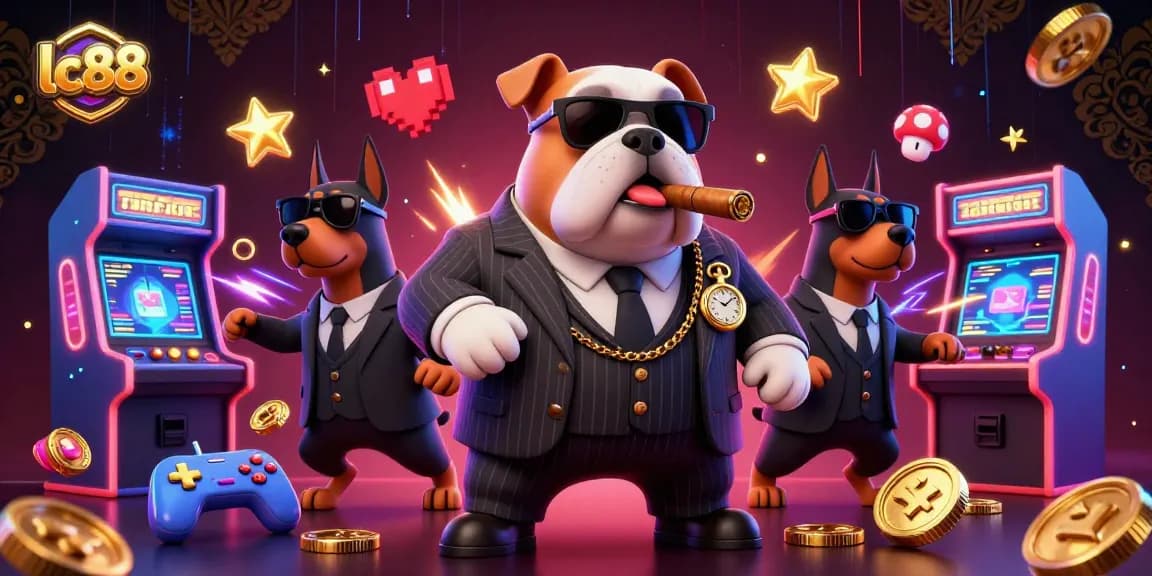 Engage in top-tier gaming with lc88's vibrant 3D mafia-themed illustration showcasing interactive casino elements.