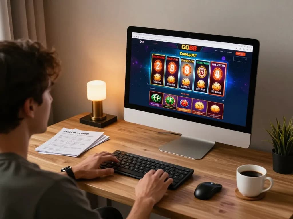 Engaging with GO88 casino games on a modern desktop, showcasing a comfortable home gaming atmosphere.
