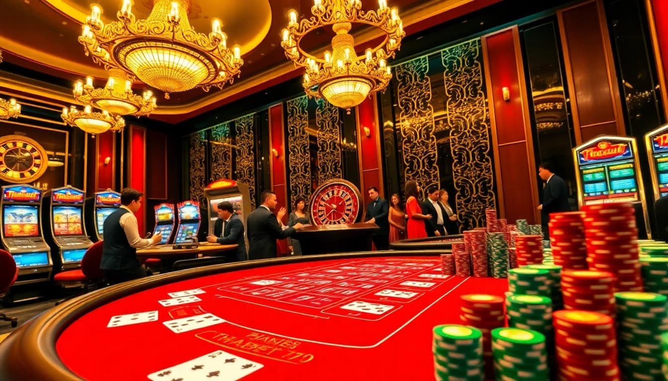 Experience the thrilling action at Thabet77 with vibrant casino tables and excited players.