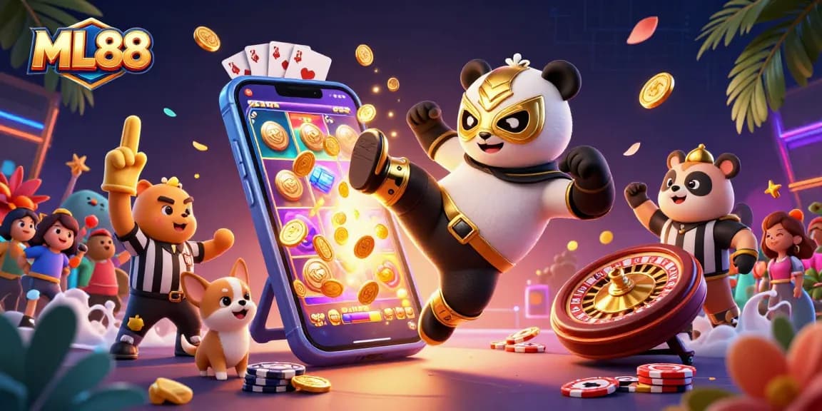 Experience the excitement of ML88 with a dynamic 3D illustration featuring animated casino elements.