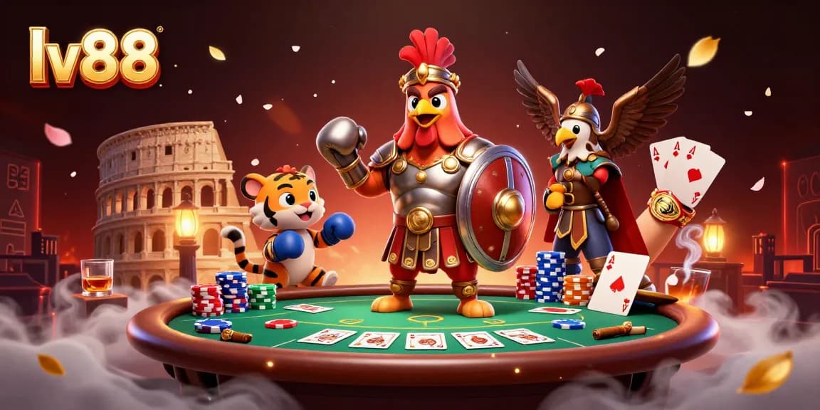 Experience thrilling rounds at lv88 casino with 3D characters amidst dynamic poker action and festive decorations.