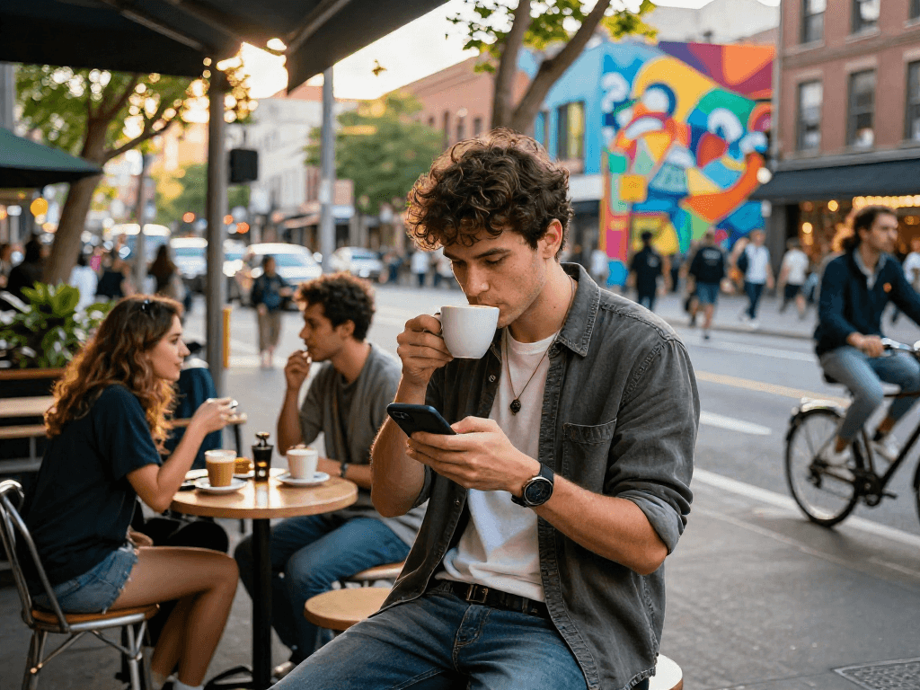Person enjoying coffee in a city café while browsing rokok88 content, showcasing vibrant urban life.