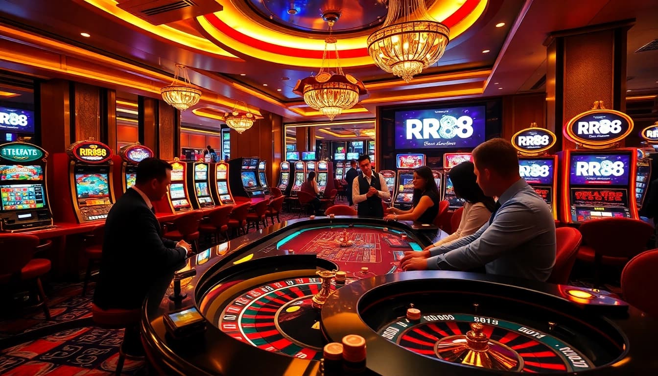 Exciting roulette action at RR88 casino with vibrant slot machines and elegant players.