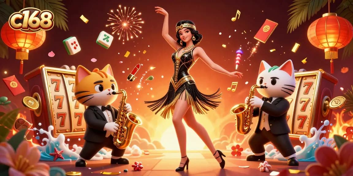 Experience thrilling casino moments with c168 as a glamorous woman and playful cat celebrate amidst vibrant game elements.