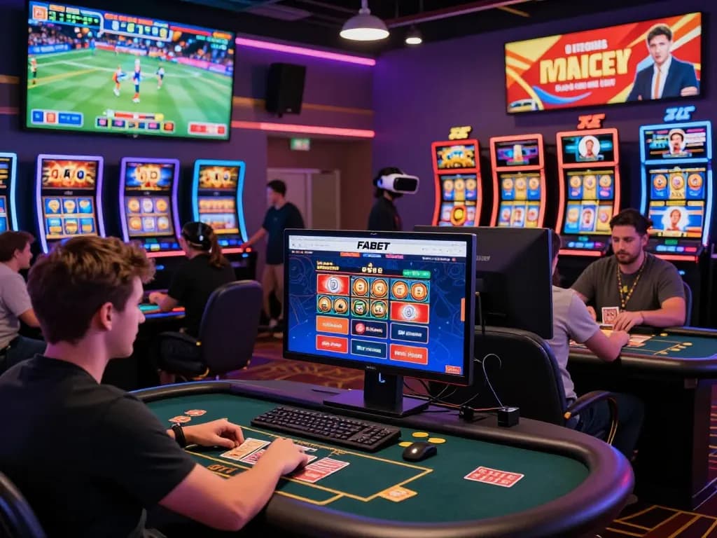 Experience exciting gaming at https://fabet.money/ with vibrant players enjoying sports betting, slot machines, and poker.