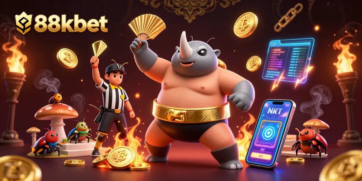 88kbet showcases a dynamic gaming scene with rhinoceros beetle champions, vibrant cryptocurrency coins, and exciting elements.