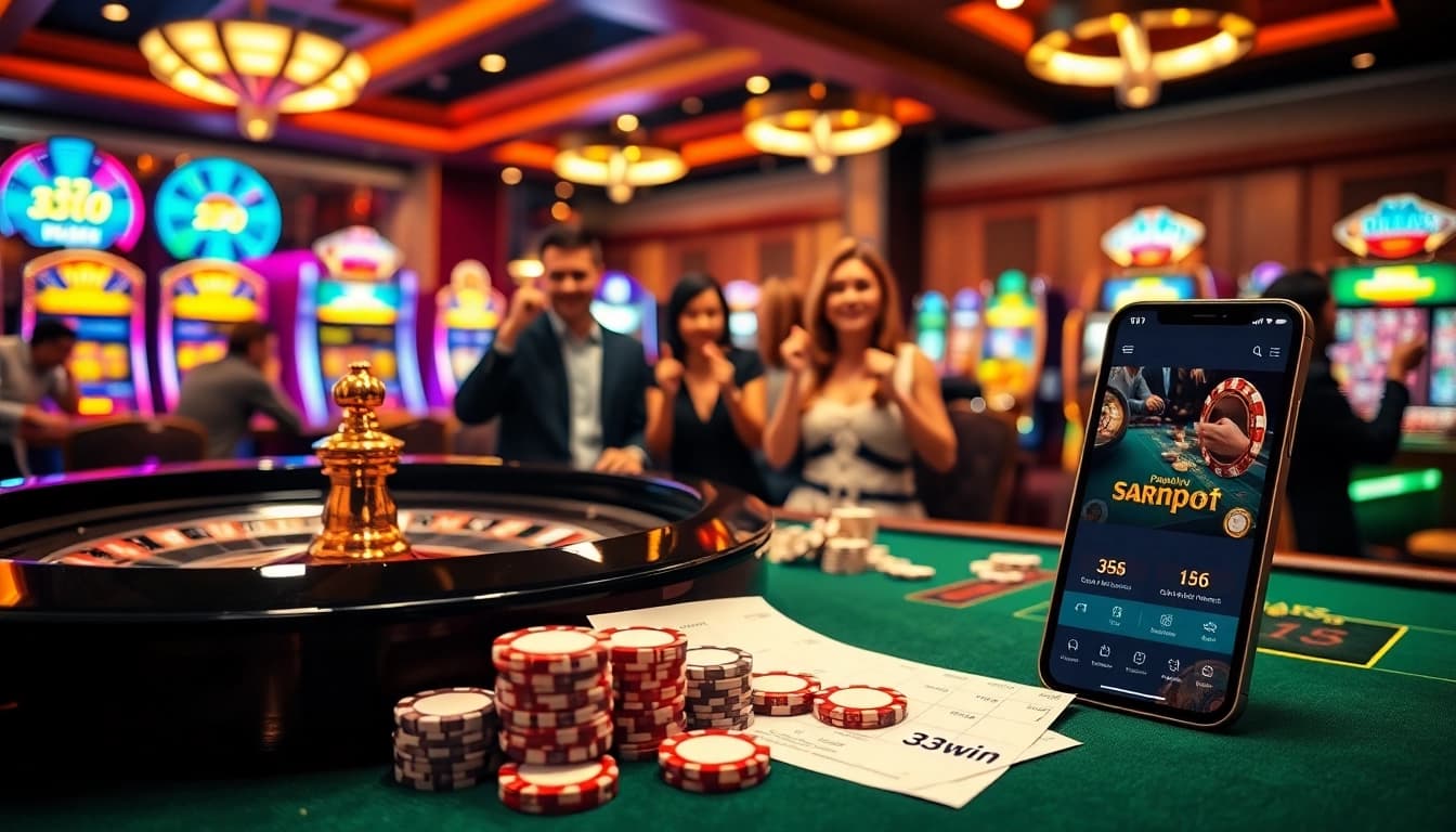 33win players enjoying a lively casino atmosphere with roulette, poker chips, and betting slips.