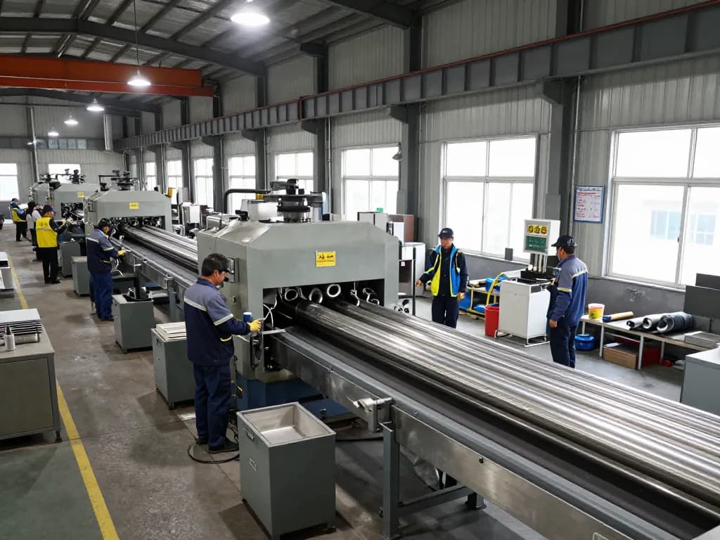 Sumwin stainless steel manufacturing facility with workers inspecting pipes and high-tech machinery.