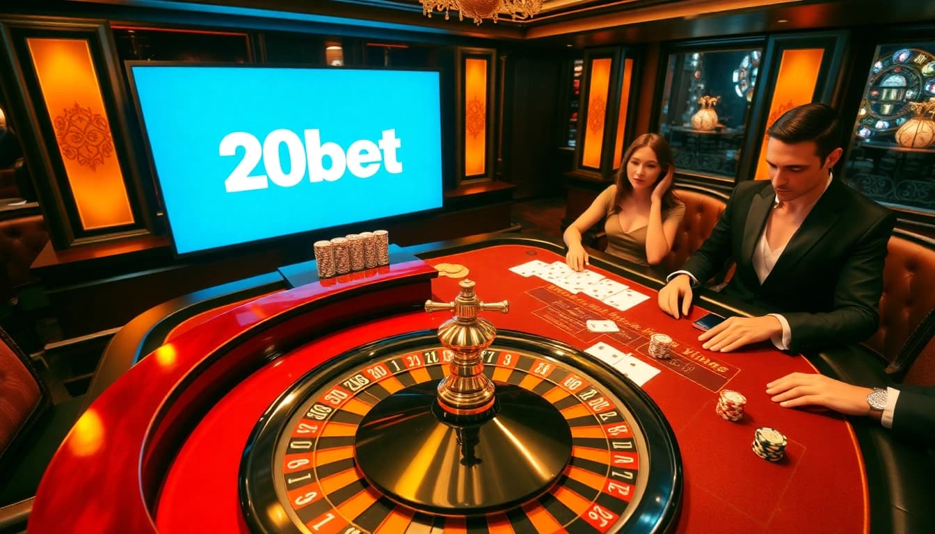 Players engaging with a thrilling casino experience at 20bet, featuring roulette and vibrant poker chips.