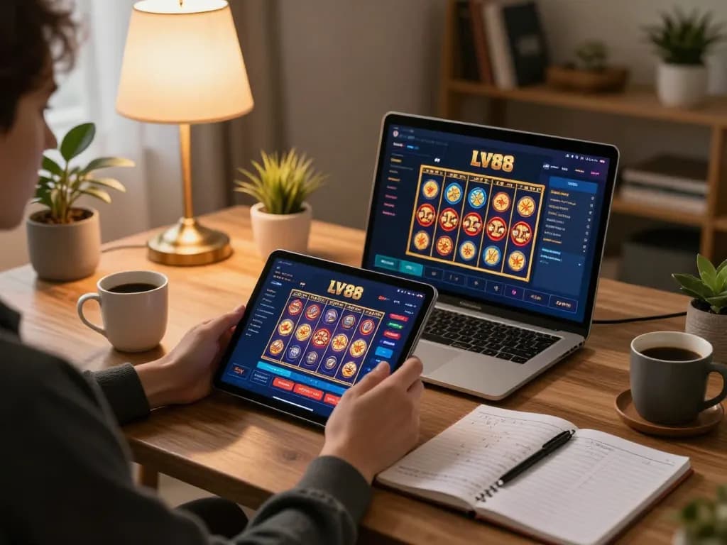 Engaged player using LV88 app for online casino gaming, showcasing strategic betting in a cozy setup.