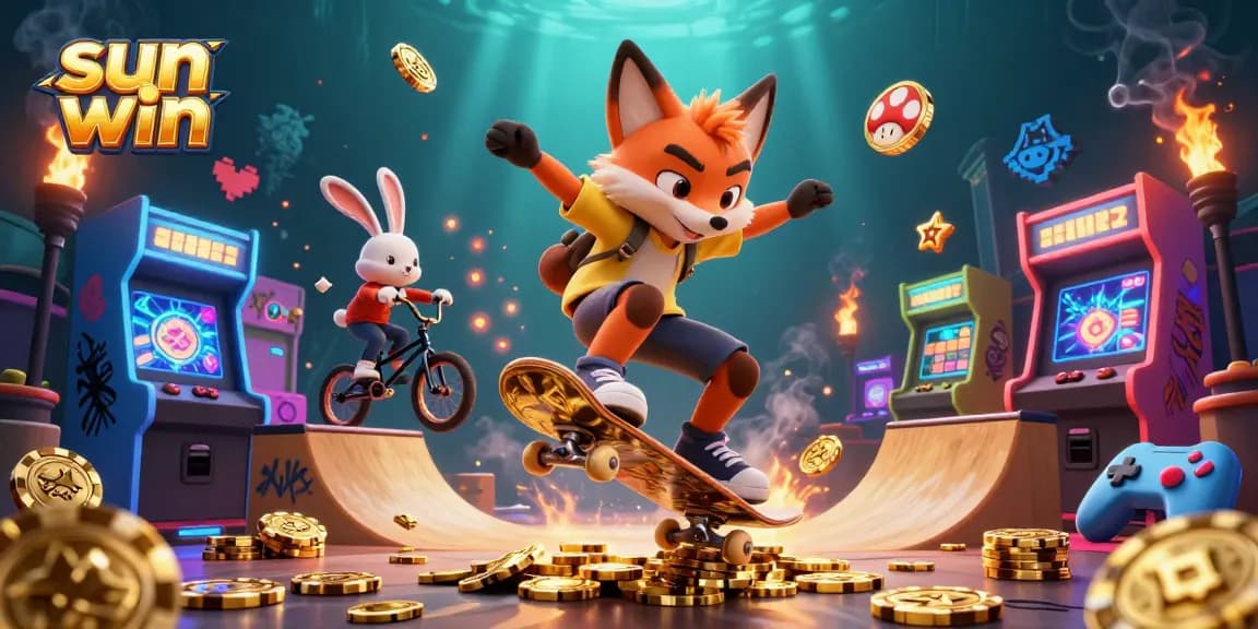 Experience thrilling action with sun win symbols in a vibrant 3D casino scene featuring dynamic characters.