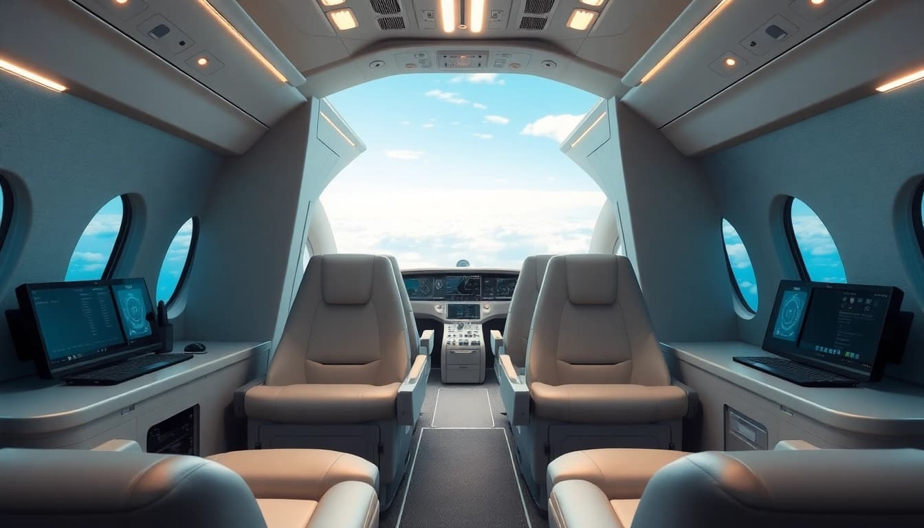 Innenräume für den Luft- und Raumfahrtsektor mit modernem Design und futuristischen Elementen.