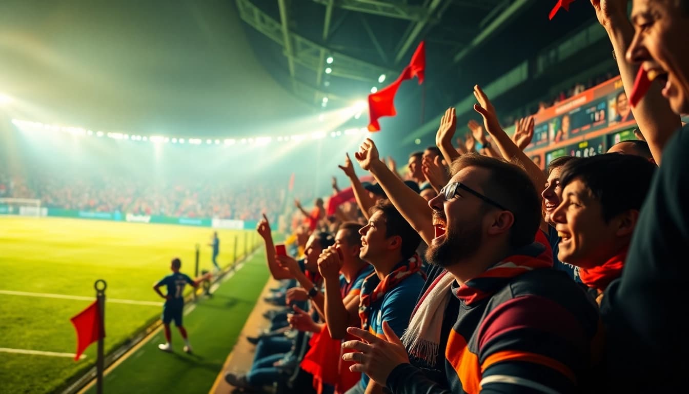 Excited fans celebrating during an AE888 Football match with live betting interface displayed.
