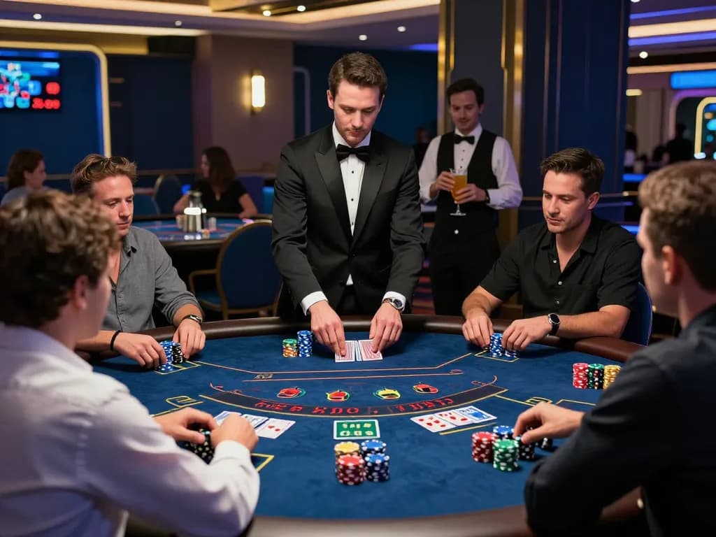 Players strategizing their bets at the TR88 blackjack table, vibrant chips and dealer action in the upscale casino.