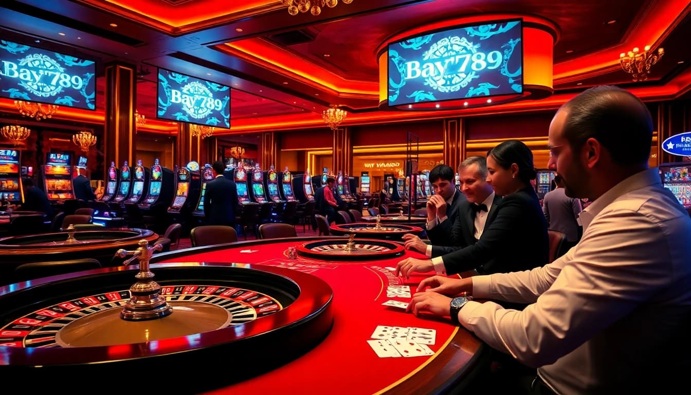 Players enjoying games at Bay789 casino with vibrant tables and slot machines.