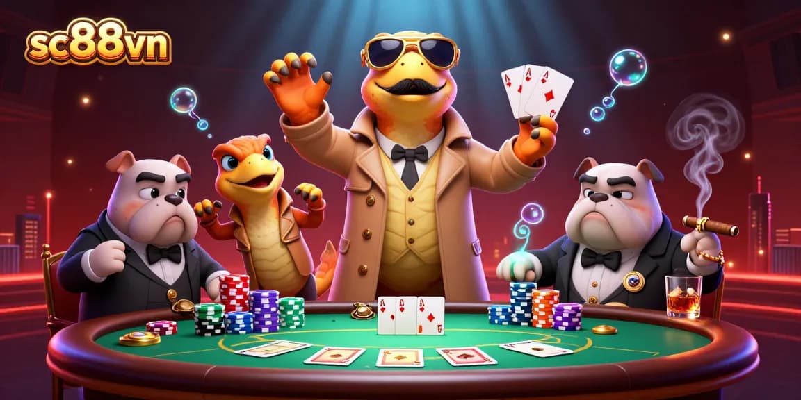 Engage with sc88vn at a vibrant casino scene featuring playful raptors and thrilling poker elements.