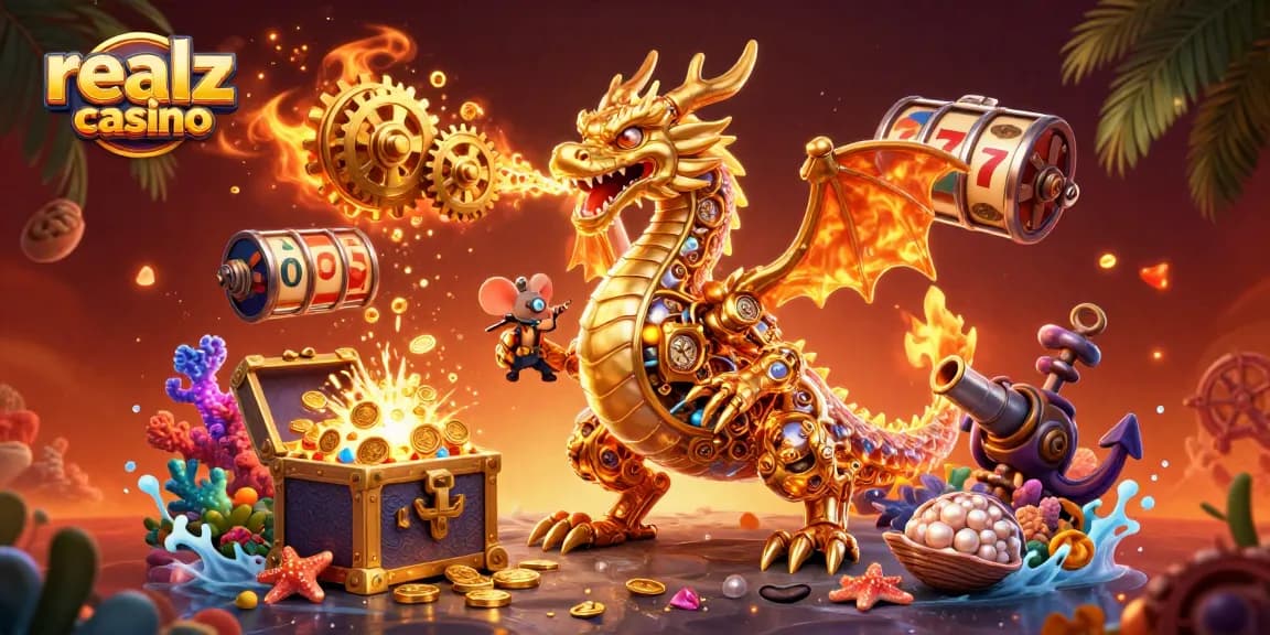 Experience the excitement of realz casino through a vibrant 3D scene with rich gaming elements.