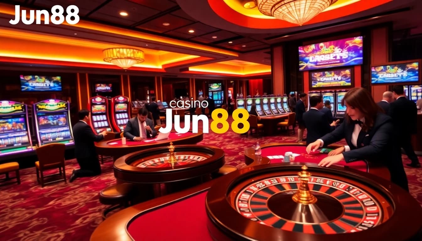 Gamblers enjoying a luxurious gaming experience at Jun88 casino with vibrant tables and exciting atmosphere.