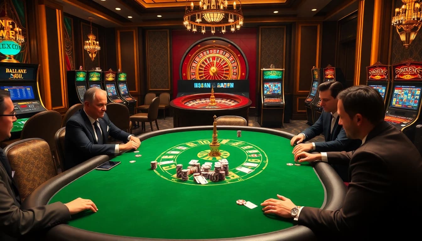 C168 casino atmosphere with poker players and luxurious gaming table.